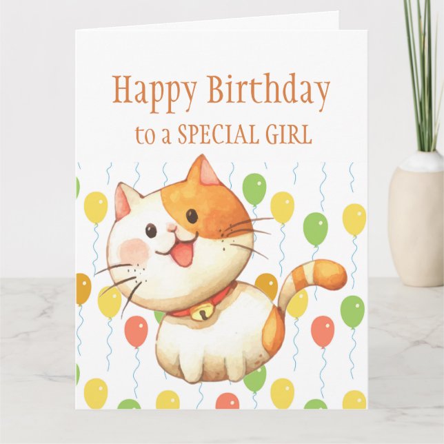 BIRTHDAY KIDS Orange Cat Kitten Colourful Balloons Card (Front)