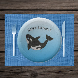 Birthday Killer Whale Cute Cartoon on Water Blues Paper Plate