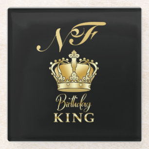 Birthday King Gold Crown Royal Monogram Luxury Glass Coaster