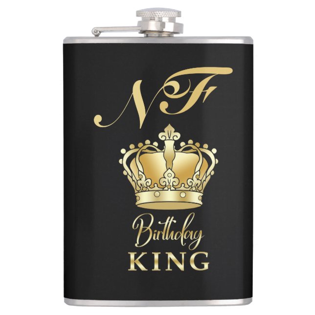 Birthday King Gold Crown Royal Monogram Luxury Hip Flask (Front)