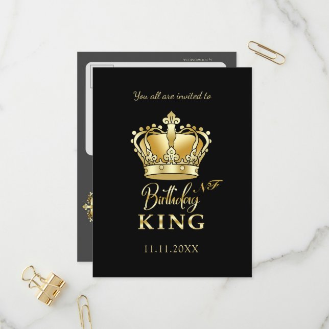 Birthday King Gold Crown Royal Monogram Luxury Invitation Postcard (Front/Back In Situ)
