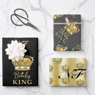 Birthday King Gold Crown Royal Monogram Luxury Wrapping Paper Sheet