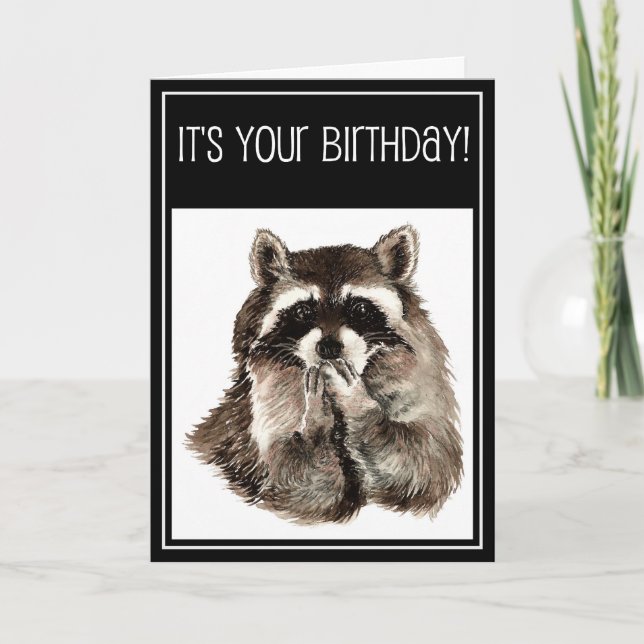 Birthday Kisses with Cute Watercolor Racoon Card (Front)