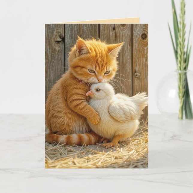 Birthday Kitten Hugging a Chick  Card (Front)