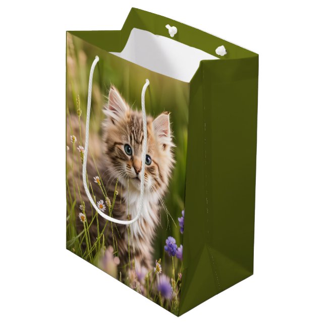 Birthday Kitten In Wildflowers Medium Gift Bag (Front Angled)