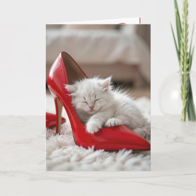 Birthday Kitten Sleeping in a Red Shoe Card (Front)