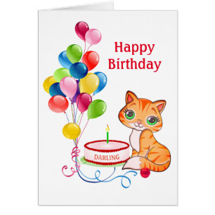 Birthday kitty cat & multicolored balloons on Card