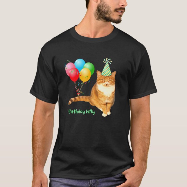 Birthday Kitty Orange Tabby Cat With Balloons And  T-Shirt (Front)
