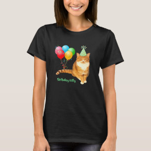 Birthday Kitty Orange Tabby Cat With Balloons And T-Shirt