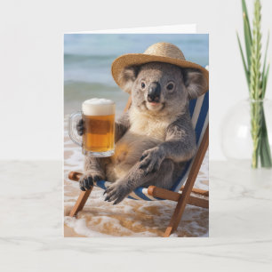 Birthday Koala Bear With a Beer on the Beach Card