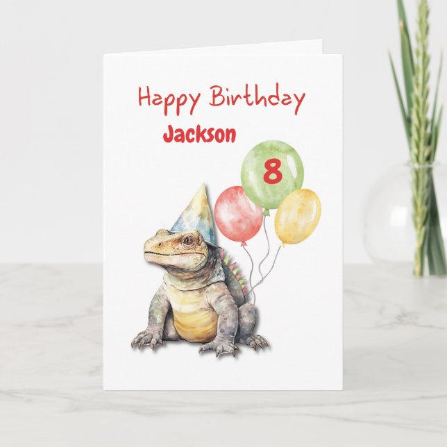 Birthday Komodo Dragon Lizard Party Hat Balloons Card (Front)