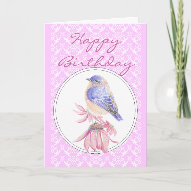 Birthday Lace & Pink, Bluebird Flower Scripture Card (Front)