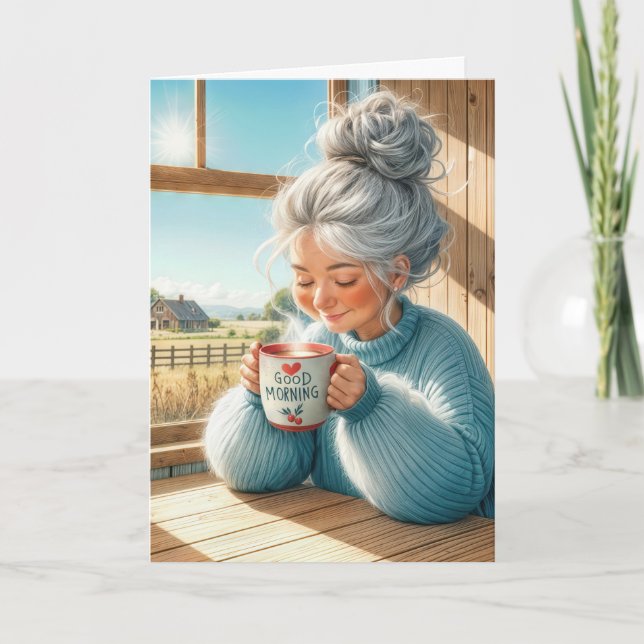 Birthday Lady Drinking Morning Coffee Card (Front)