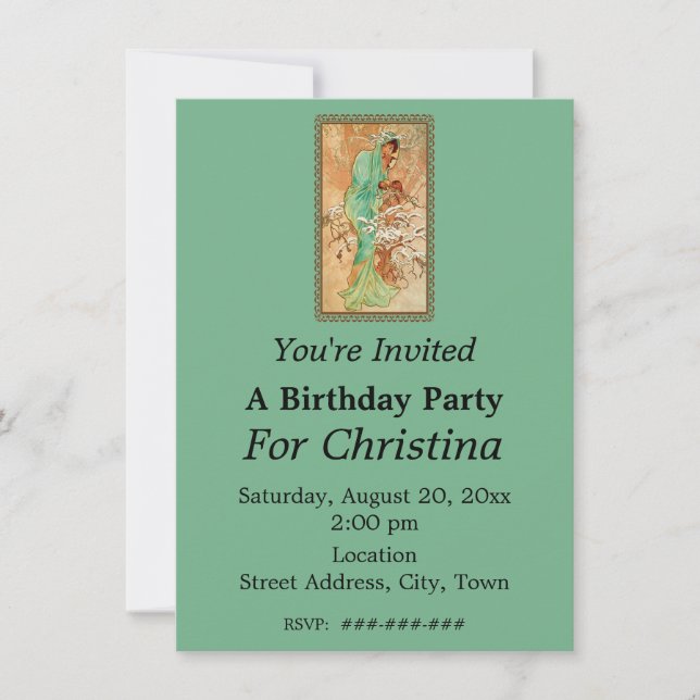 Birthday Lady Green Hooded Gown in Golden Tree Invitation (Front)