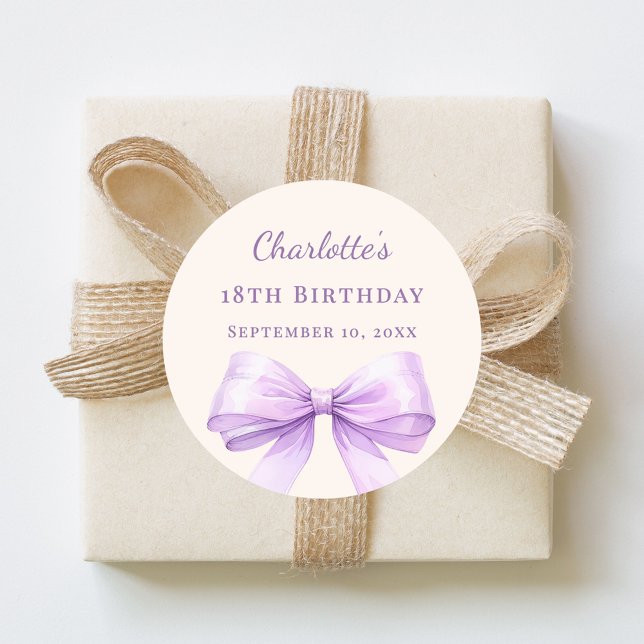 Birthday lavender bow ivory classic round sticker (Creator Uploaded)