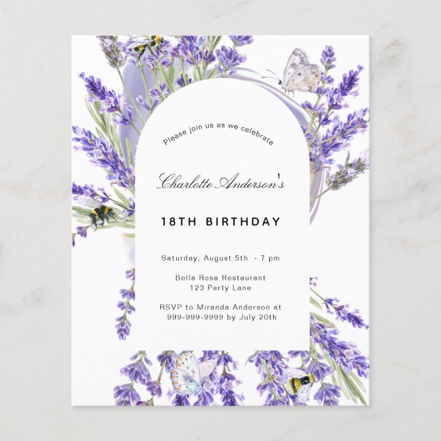 Birthday lavender floral budget invitation flyer (Front)