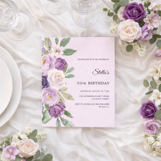 Birthday lavender florals pink invitation (Creator Uploaded)