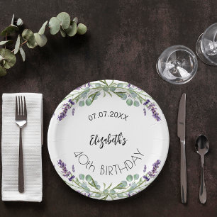 Birthday lavender flowers eucalyptus greenery paper plate