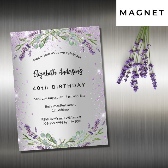 Birthday lavender silver eucalyptus luxury magnetic invitation (Creator Uploaded)