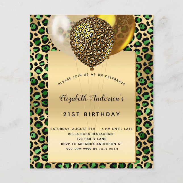 Birthday leopard emerald green gold balloon budget flyer (Front)