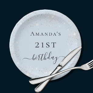 Birthday light blue silver glitter dust monogram paper plate