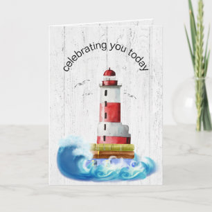 Birthday Lighthouse On Whitewashed Wood  Card