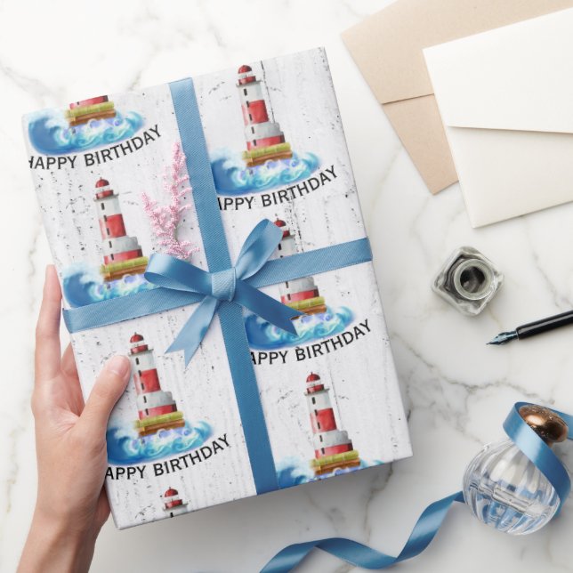 Birthday Lighthouse On Wood Wrapping Paper (Gifting)