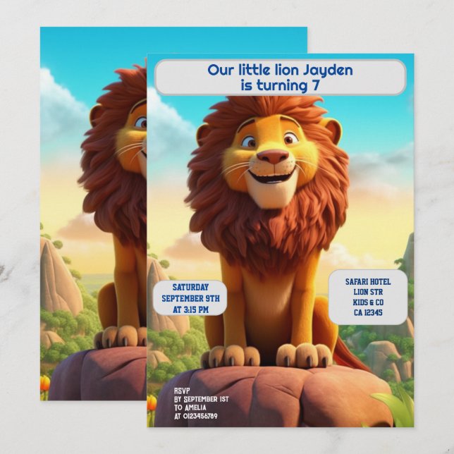 Birthday Lion Personalised Name Age Kids  Invitation (Front/Back)