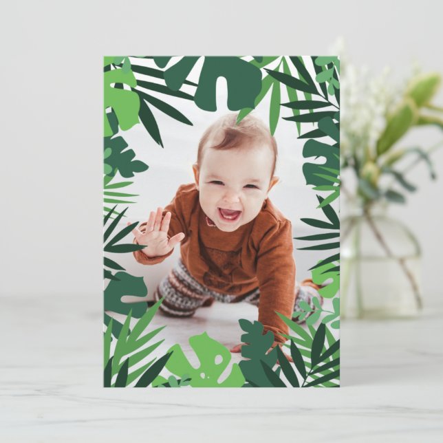 birthday little boy in jungle leaves frame invitation (Standing Front)