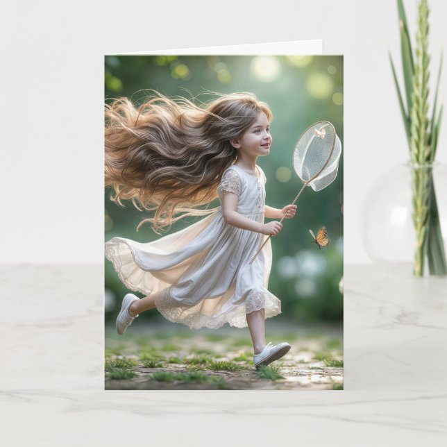 Birthday Little Girl Chasing Butterflies Card (Front)