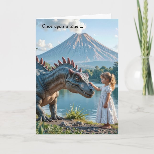 Birthday Little Girl Petting a Dinosaur Card (Front)