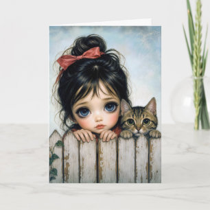 Birthday Little Girl with Big Eyes and Pet Cat Card