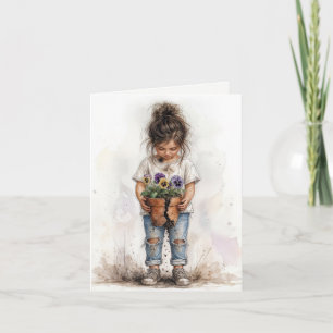 Birthday Little Girl with Pansies in Flower Pot Card
