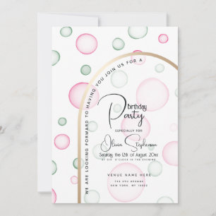 Birthday   Lively Fun Pink and Green Bubbles Invitation