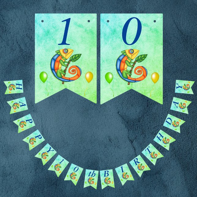 Birthday Lizard Balloons Vibrant Colour Blue Green Bunting (Cartoon Lizard vibrant colours stick with leaf on blue green kids birthday party banner decoration.)