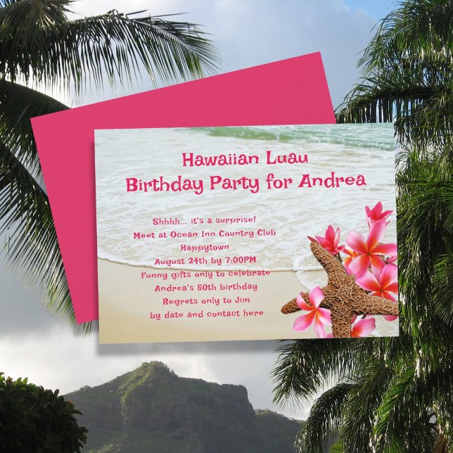 Birthday Luau Pink Frangipani Starfish Invitations (Creator Uploaded)