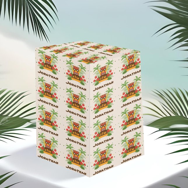 Birthday Luau Tiki Bar Name Vintage Hawaiian Party Wrapping Paper (Retro Hawaiian birthday themed wrapping paper with tiki pattern and name template)