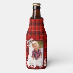 Birthday lumberjack red plaid photo bottle cooler