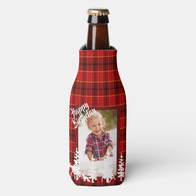 Birthday lumberjack red plaid photo bottle cooler (Bottle Front)