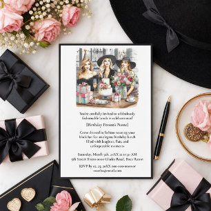 Birthday Lunch Chic Ladies Black Hat  Invitation