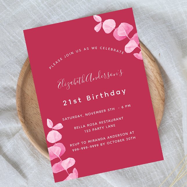 Birthday magenta white eucalyptus invitation postcard (Creator Uploaded)