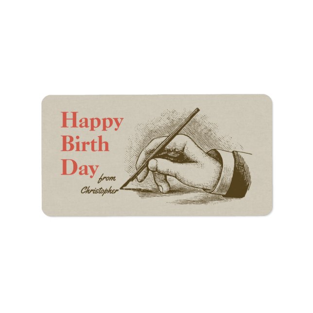 Birthday Male hand holding a fountain pen Retro Label (Front)