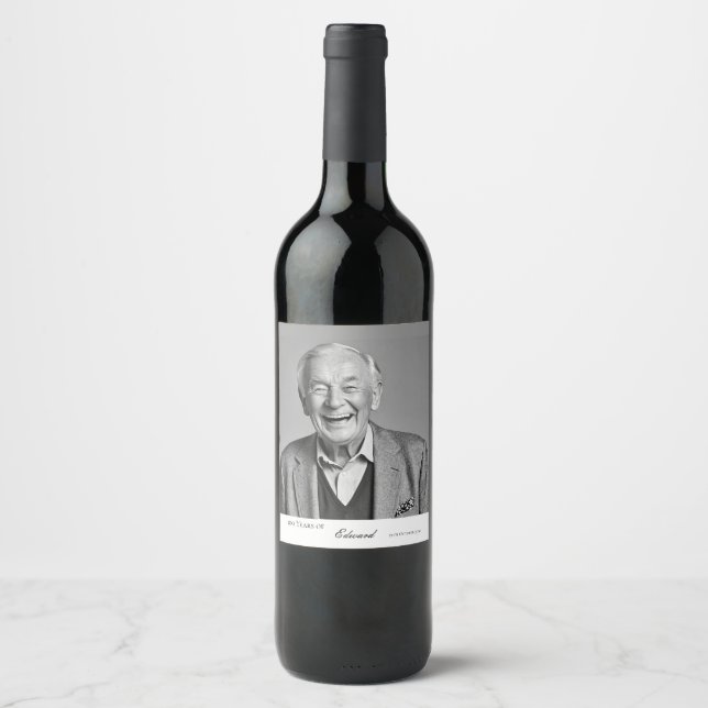 Birthday Male Stylish Photo Black White Memento  Wine Label (Front)