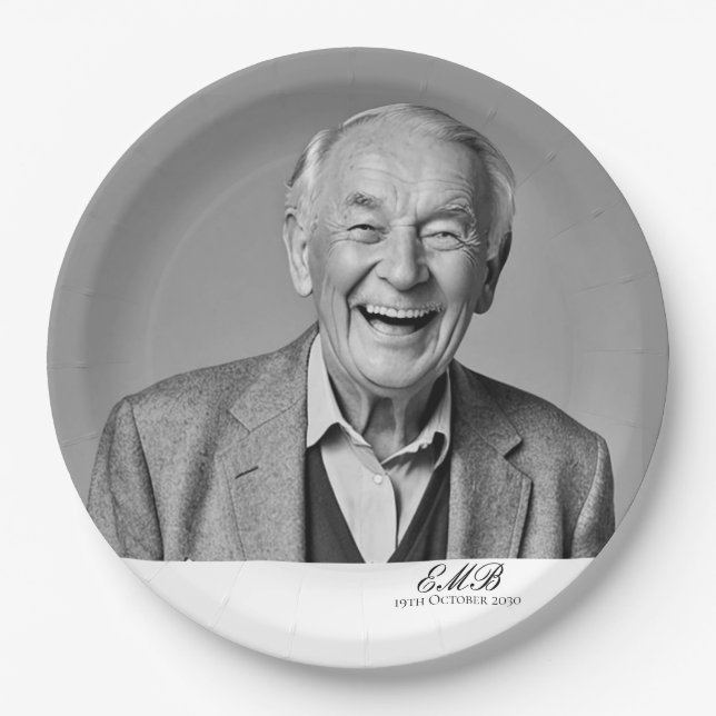 Birthday Male Stylish Photo Black White Monogram  Paper Plate (Front)