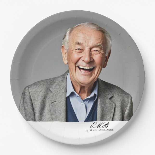 Birthday Male Stylish Photo Black White Monogram  Paper Plate (Front)