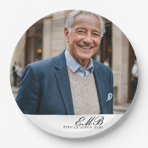 Birthday Male Stylish Photo White Monogram  Paper Plate