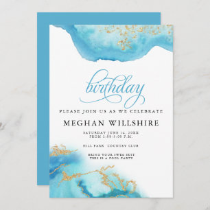 Birthday March Aquamarine Watercolor Geode Invitation