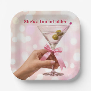 Birthday Martini Cocktail with Pink Satin Bow Paper Plate