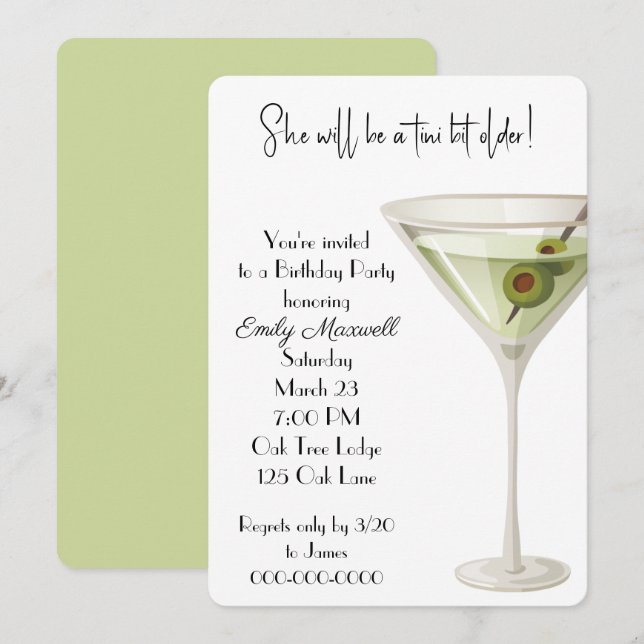 Birthday Martini Party On White Invitation (Front/Back)