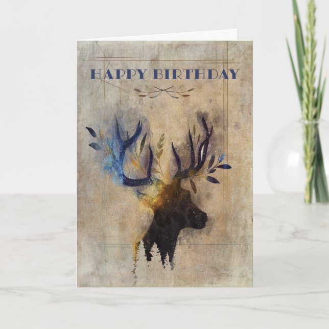 Birthday Masculine Rustic Watercolor Deer Card (Front)